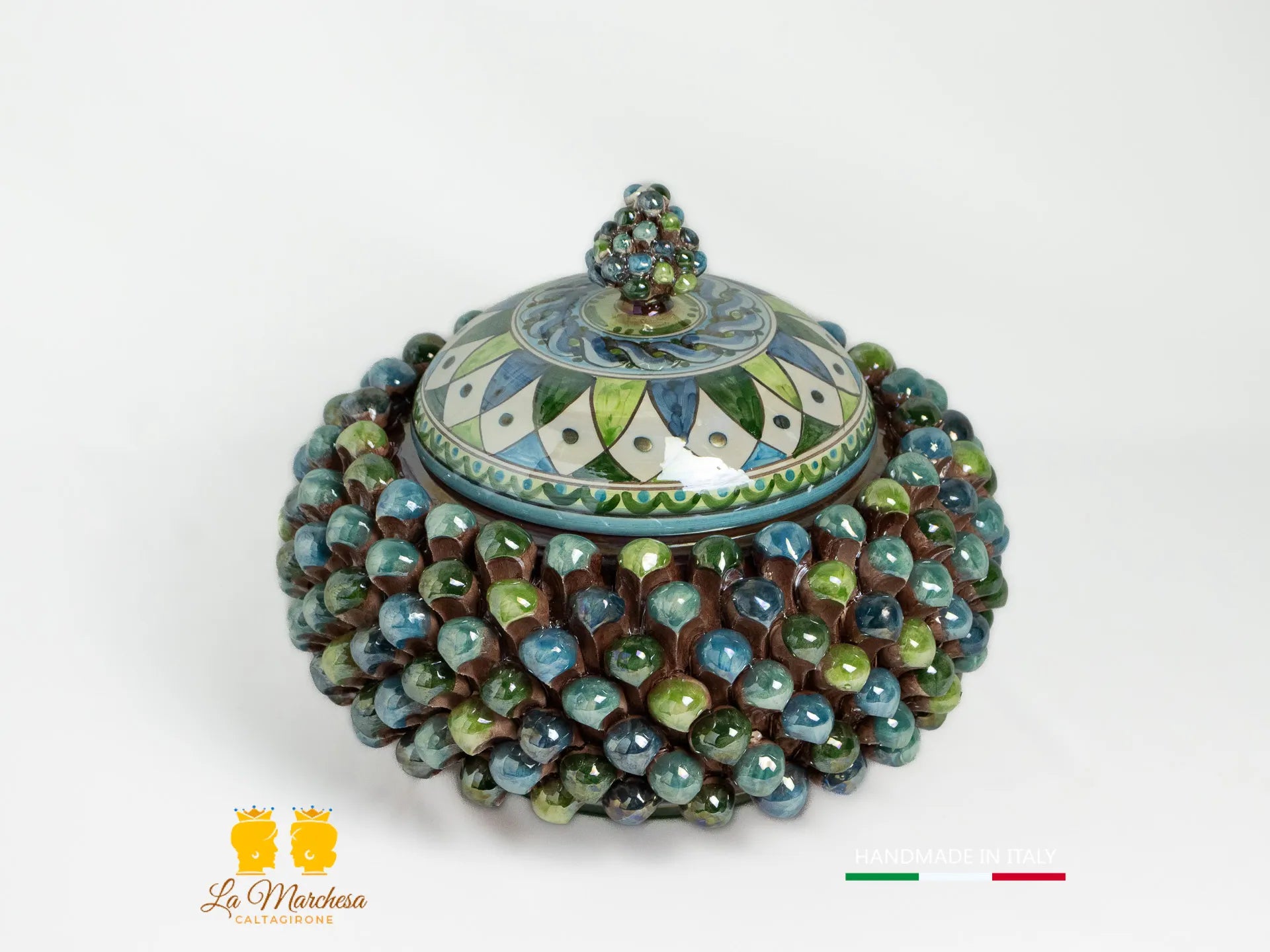 Biscottiera Pigna Ceramica di Caltagirone Multicolore Madreperla verde 26cm
