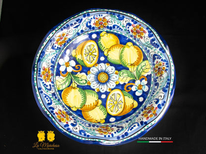 Centrotavola Ciotola con alzata orlata in Ceramica di Caltagirone blu cobalto L31cm