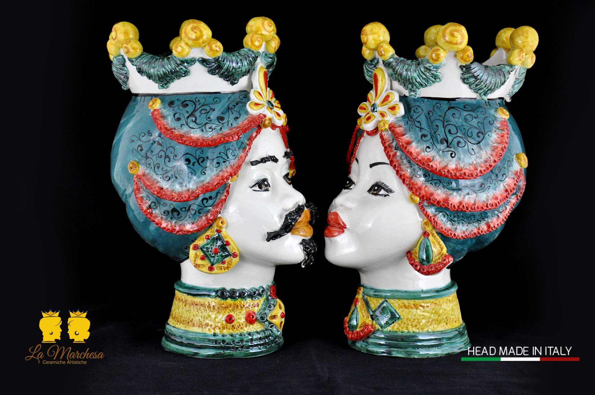 Coppia Teste di Moro in Ceramica di Caltagirone Sicilia h39