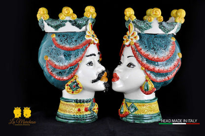 Coppia Teste di Moro in Ceramica di Caltagirone Sicilia h39