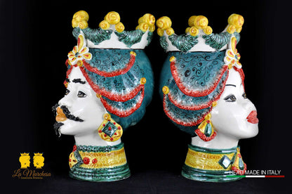 Coppia Teste di Moro in Ceramica di Caltagirone Sicilia h39