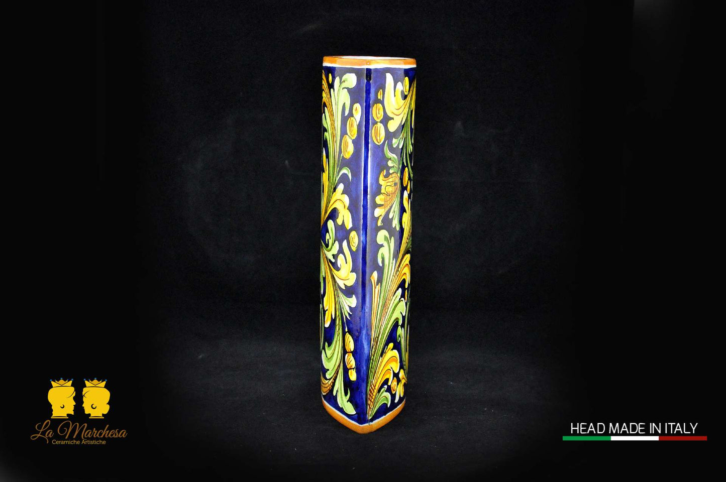 Vaso Design Sottile alto Ceramica di Caltagirone blu cobalto ornato