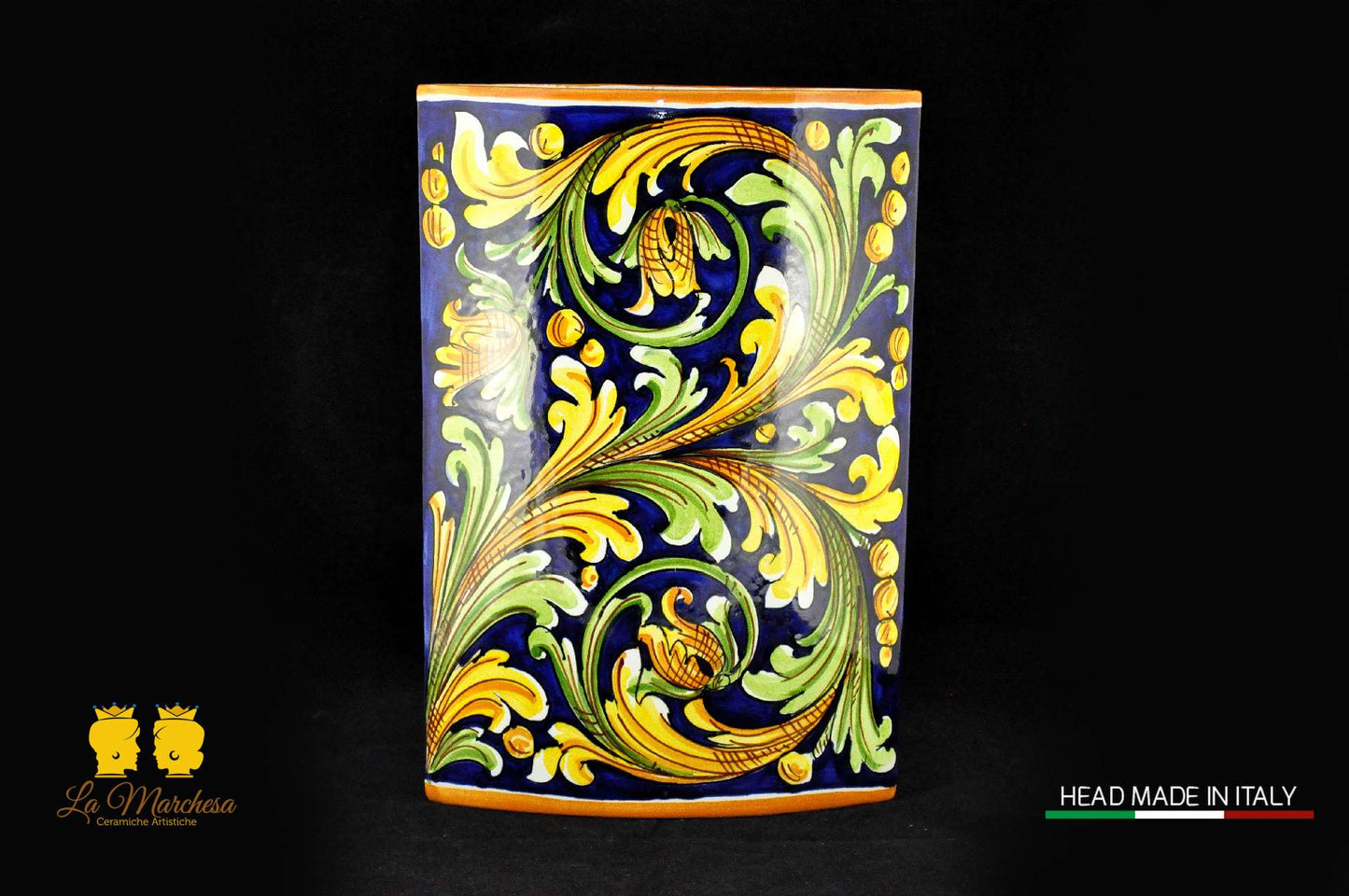 Vaso Design Sottile alto Ceramica di Caltagirone blu cobalto ornato