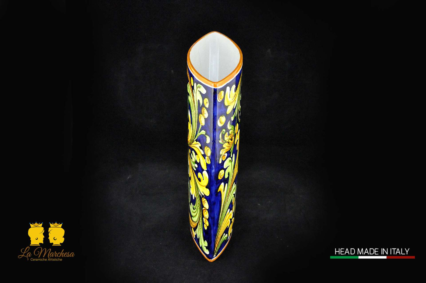 Vaso Design Sottile alto Ceramica di Caltagirone blu cobalto ornato