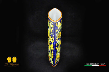 Vaso Design Sottile alto Ceramica di Caltagirone blu cobalto ornato