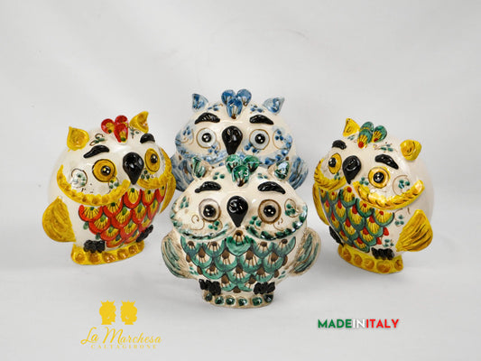 Gufo Medio Decorato in Ceramica di Caltagirone 17cm - Vari Modelli 