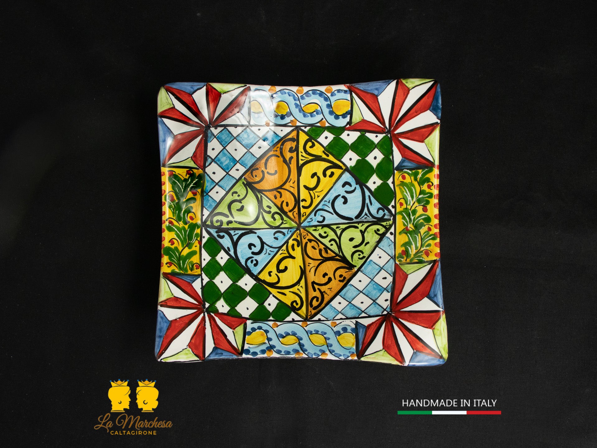 Piattino Svuotatasche ingresso Ceramica di Caltagirone carretto 17cm a fazzoletto