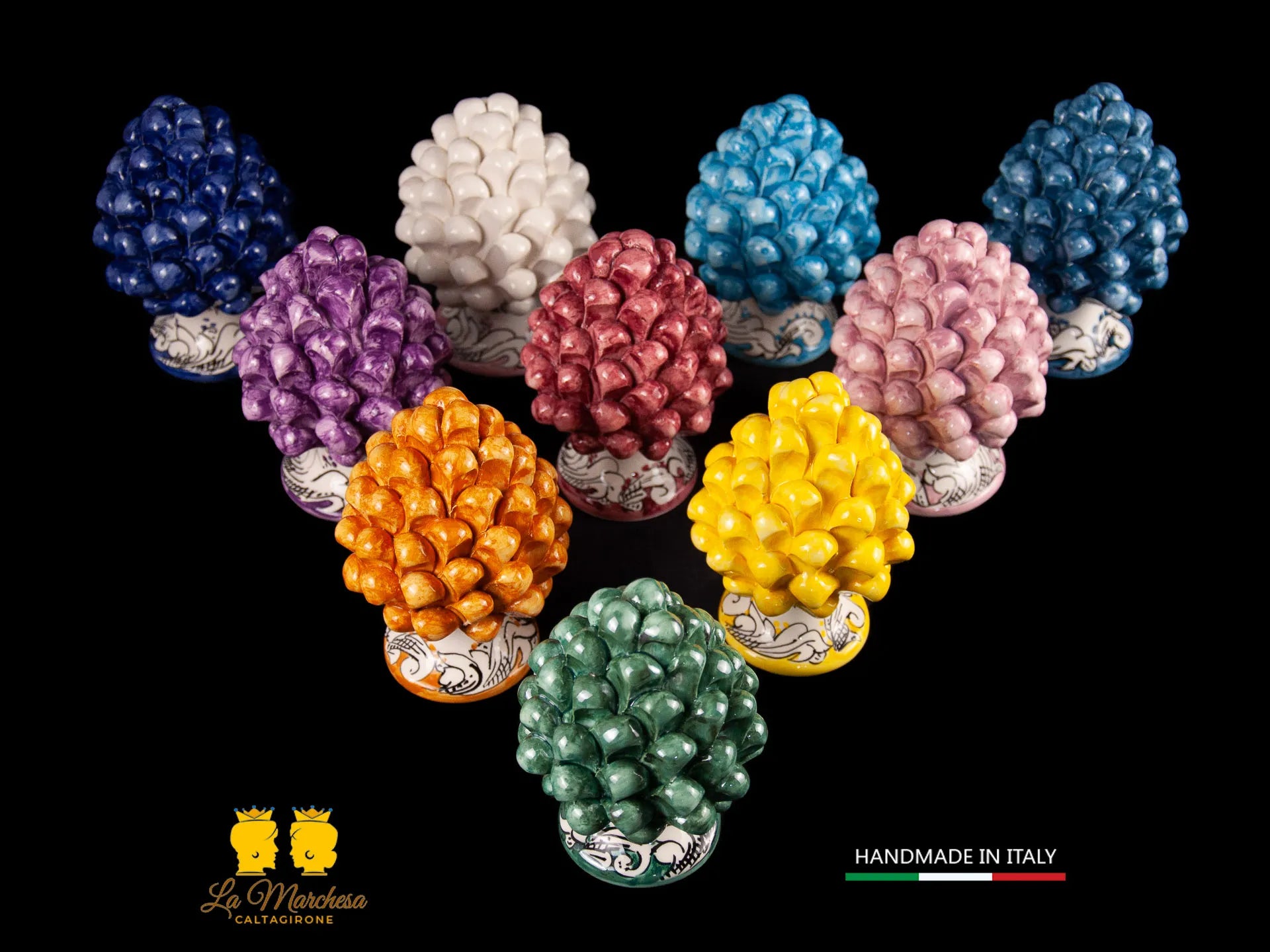 Pigna Siciliana Ceramica di Caltagirone vari colori ornato bianco 13cm