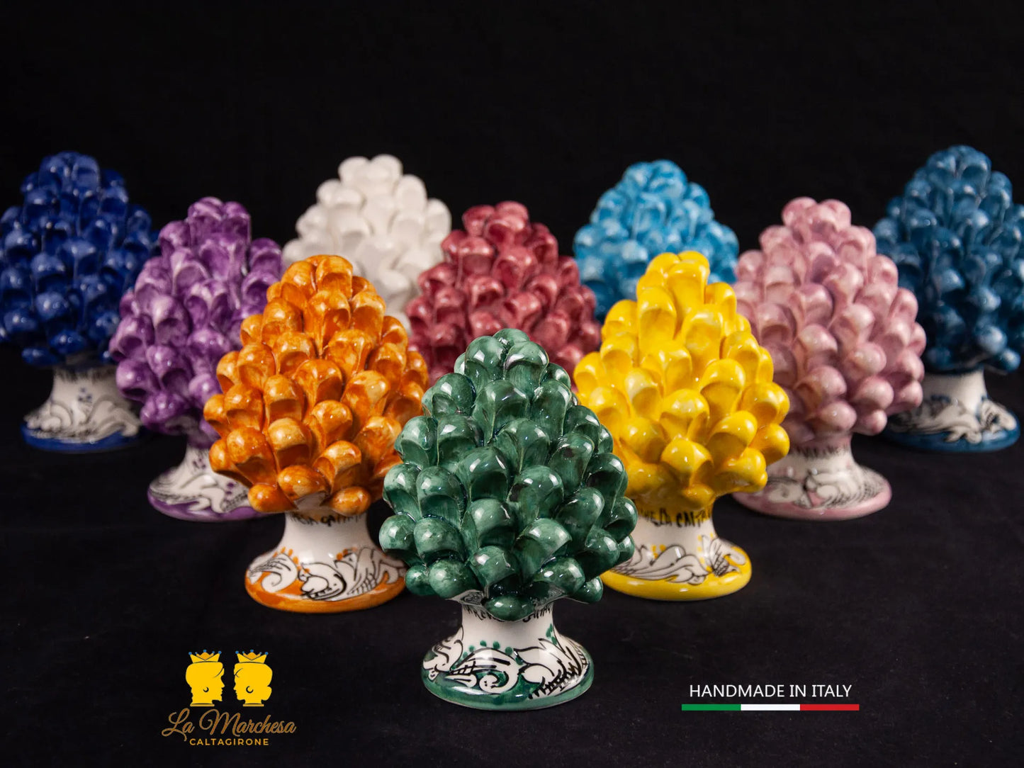 Pigna Siciliana Ceramica di Caltagirone vari colori ornato bianco 13cm