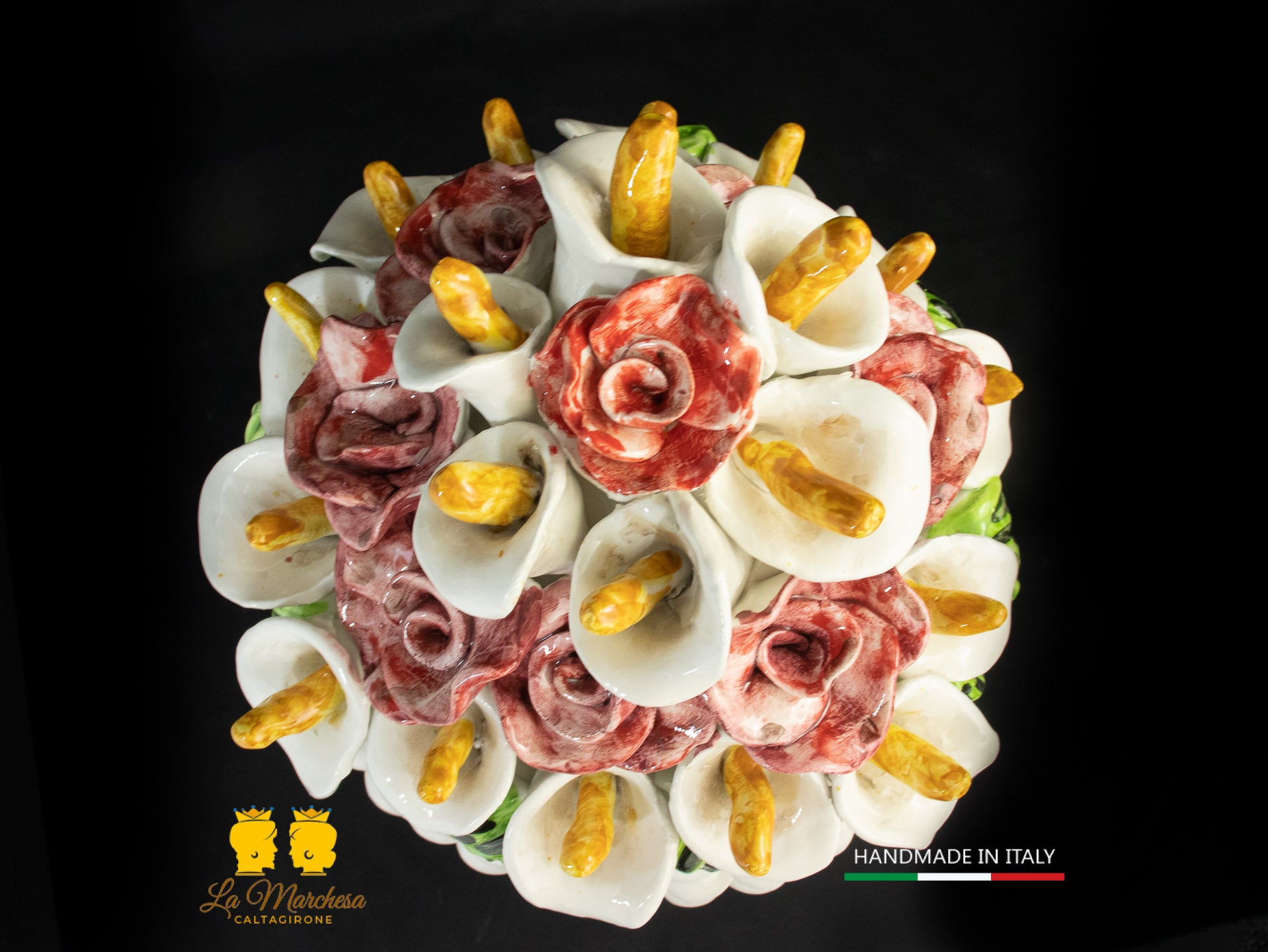 Pigna Siciliana Ceramica di Caltagirone bianca applicazioni fiori 46cm
