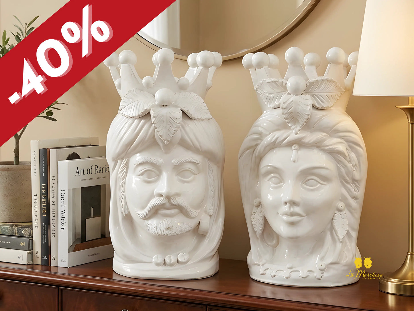 Coppia Teste di Moro Barocco Bianco in ceramica Caltagirone H48