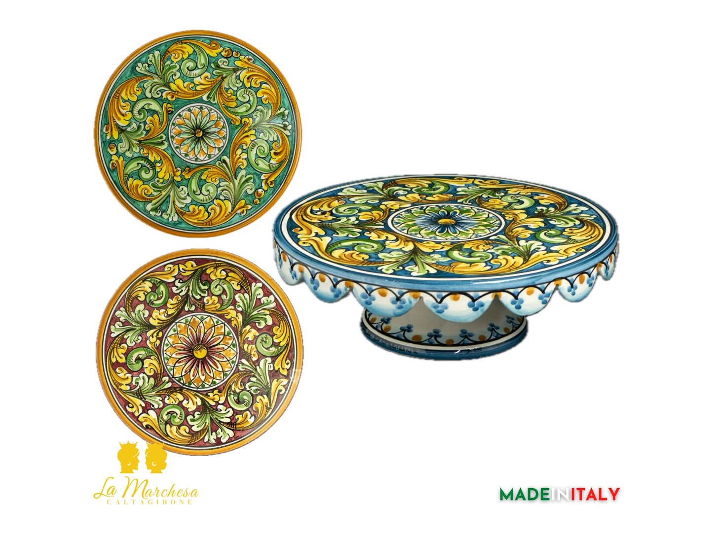 Tortiera con alzata in Ceramica di Caltagirone  30cm - Colori Assortiti