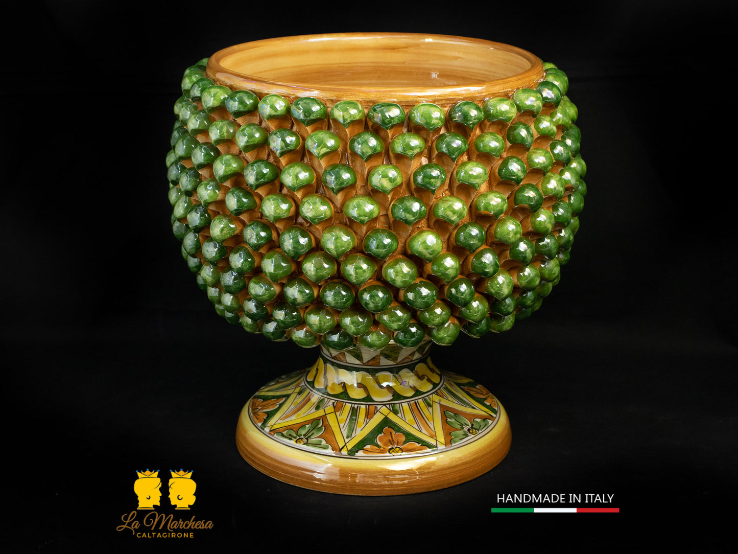 Portavaso mezza Pigna Siciliana Ceramica di Caltagirone verde giallo 28cm