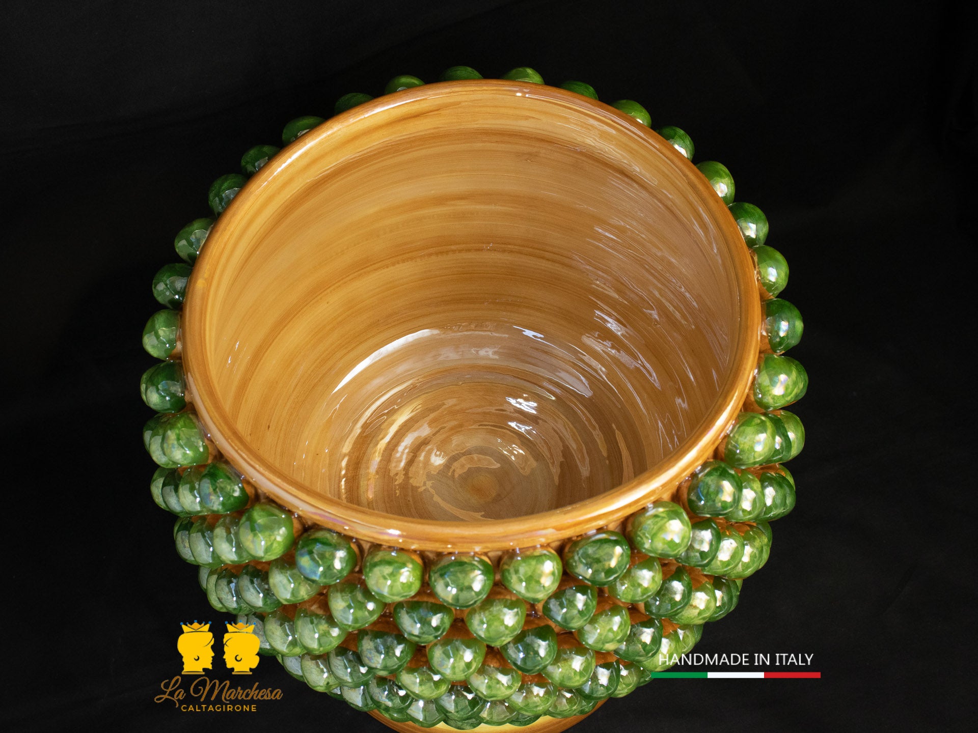 Portavaso mezza Pigna Siciliana Ceramica di Caltagirone verde giallo 28cm