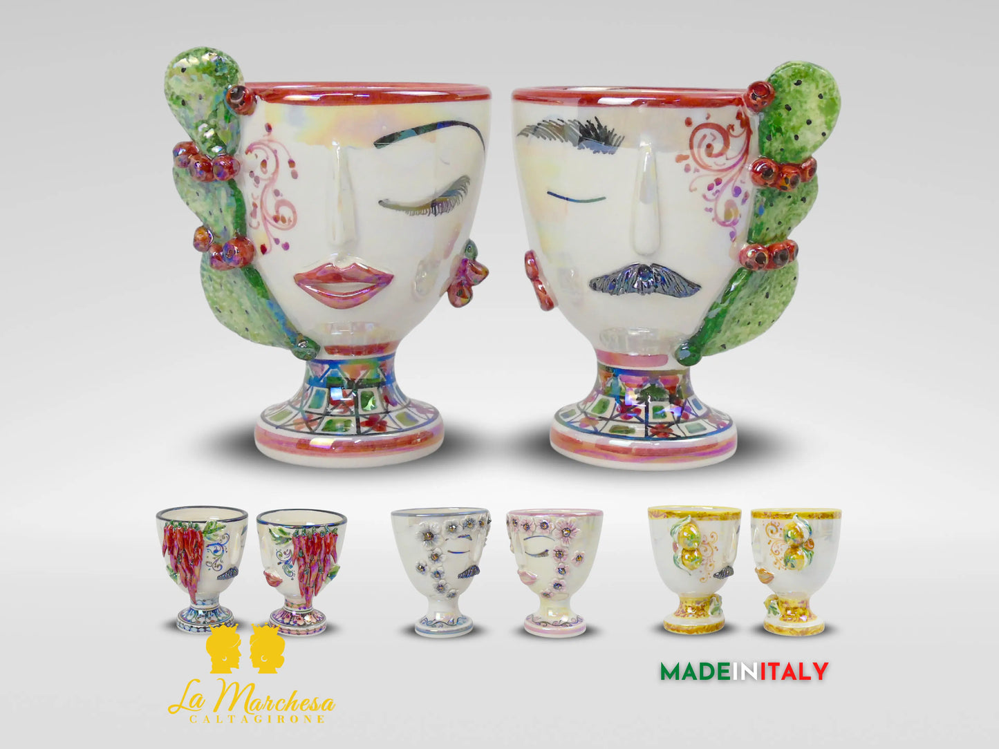 Vaso da Fiori a Viso Decorato Madreperla in Ceramica di Caltagirone 15cm - Vari Modelli