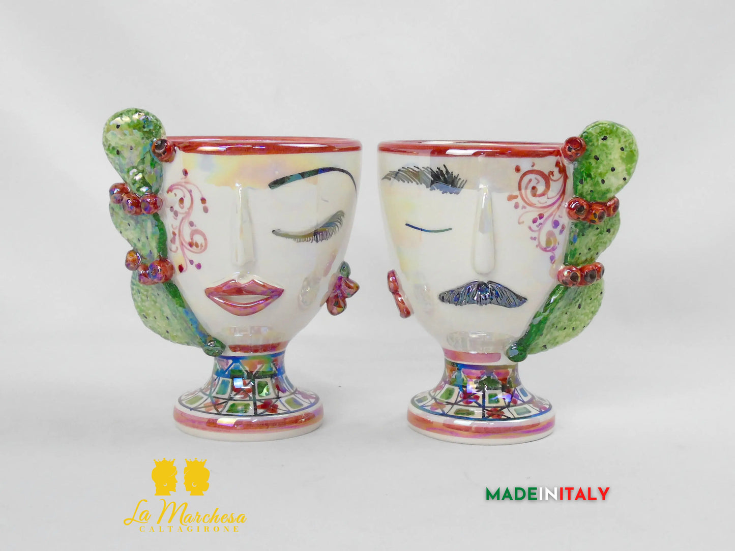 Vaso da Fiori a Viso Decorato Madreperla in Ceramica di Caltagirone 15cm - Vari Modelli