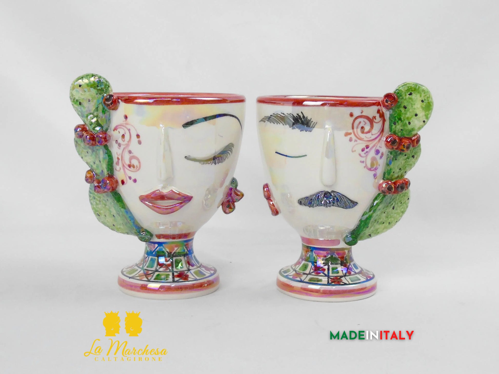 Vaso da Fiori a Viso Decorato Madreperla in Ceramica di Caltagirone 15cm - Vari Modelli