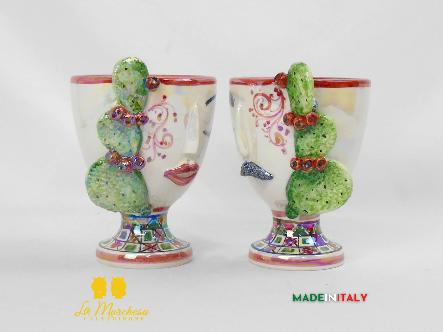 Vaso da Fiori a Viso Decorato Madreperla in Ceramica di Caltagirone 15cm - Vari Modelli